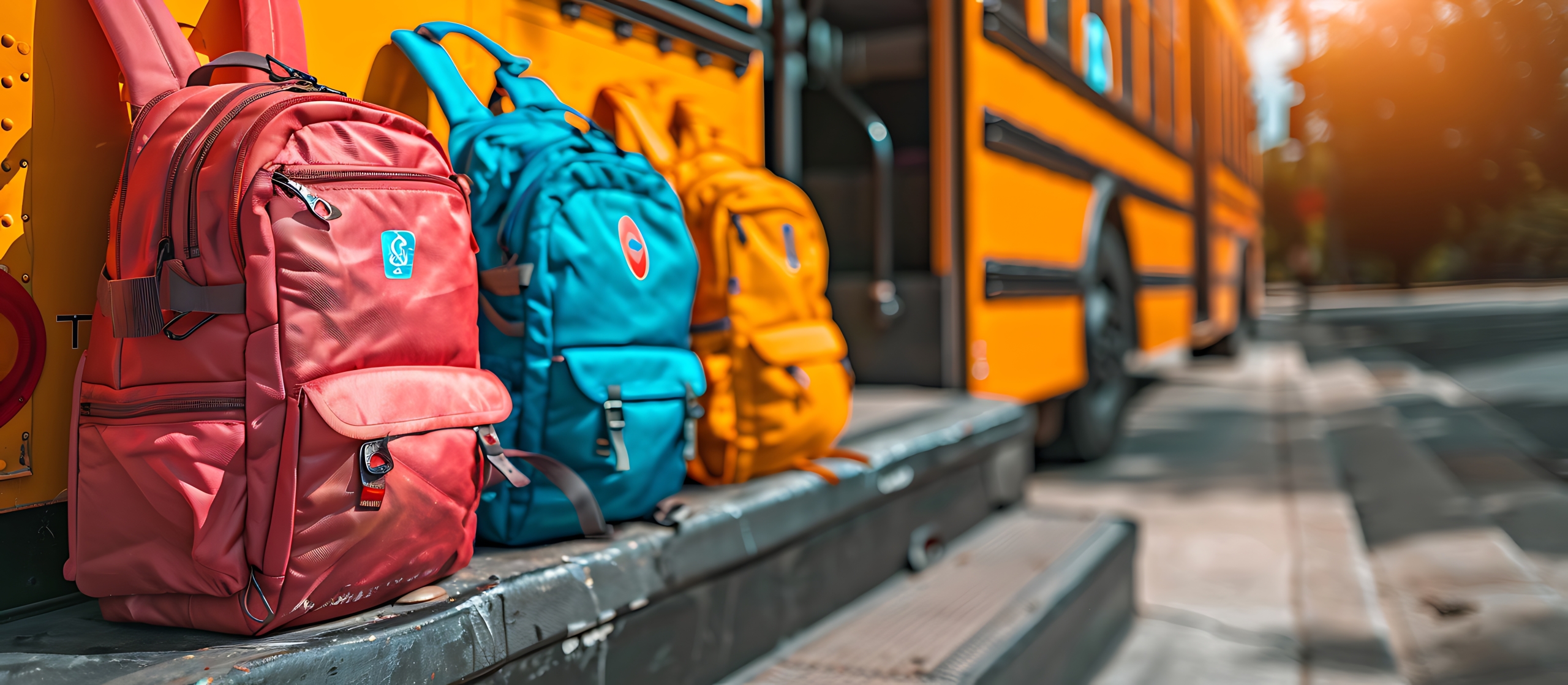 School bus steps, colorful backpacks, early sunlight.